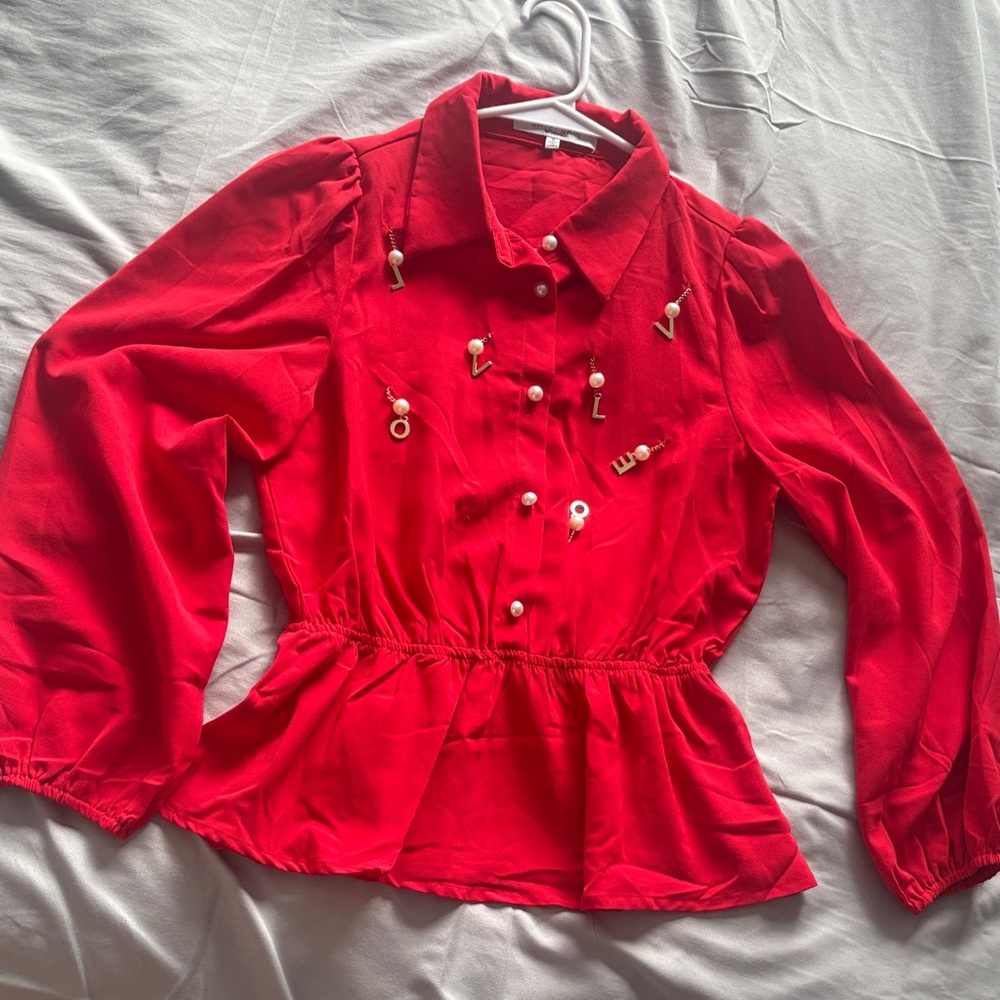 Red Peplum Blouse with Letter Embellishments